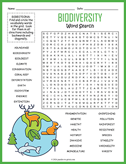 Free printable Biodiversity Word Search puzzle worksheet