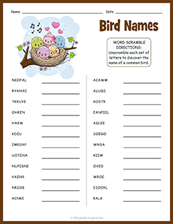 Free printable Bird Names Word Scramble puzzle worksheet