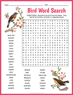 Free printable bird word search puzzle worksheet