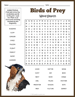 Free printable Birds of Prey Word Search puzzle worksheet