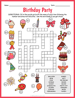 Free printable Birthday Party Crossword puzzle worksheet