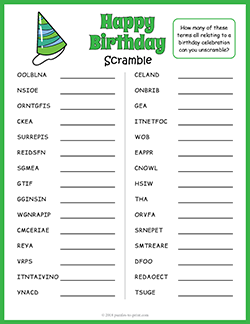 Free printable Birthday Party Word Scramble puzzle worksheet