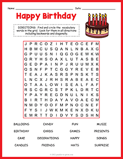Free printable Birthday Word Search puzzle worksheet