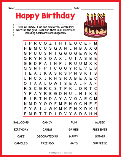 Free Printable Birthday Word Mining Game