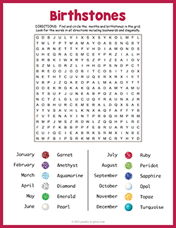 Free printable Birthstones Word Search puzzle worksheet