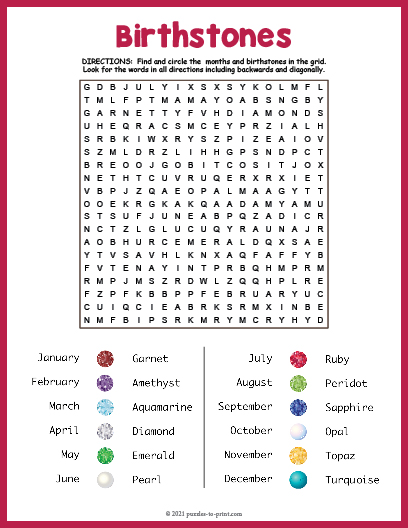 Birthstones Word Search