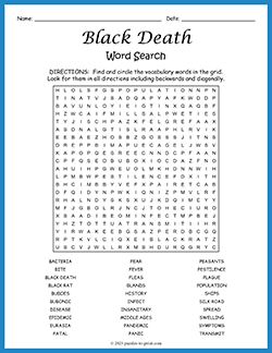 Free printable Black Death Word Search puzzle worksheet