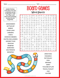 Free printable Board Games Word Search puzzle worksheet