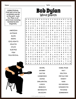Free printable Bob Dylan Word Search puzzle worksheet