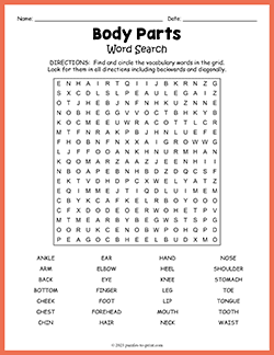 Free printable Body Parts Word Search puzzle worksheet