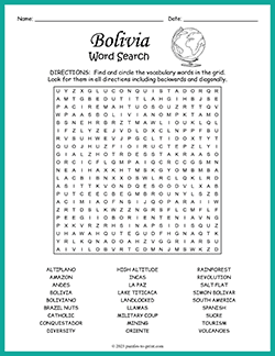 Free printable Bolivia Word Search puzzle worksheet