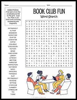 Free printable Book Club Word Search puzzle worksheet