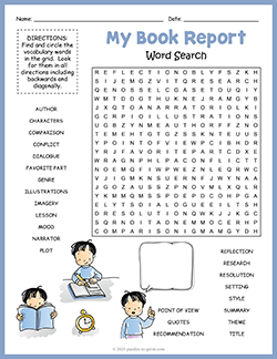 Free printable Book Report Word Search puzzle worksheet