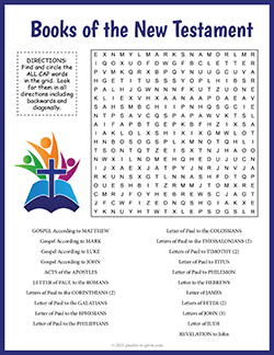 Free printable Books of the New Testament Word Search puzzle worksheet