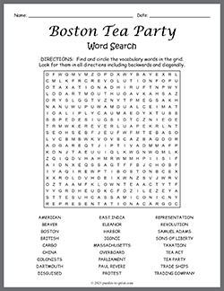 Free printable Boston Tea Party Word Search puzzle worksheet