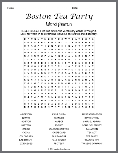 Boston Tea Party Word Search