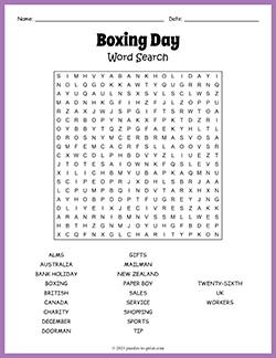 Free printable Boxing Day Word Search puzzle worksheet