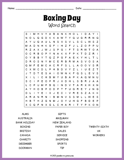 Boxing Day Word Search