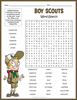 Free printable Boy Scouts Word Search puzzle worksheet