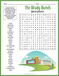 Free printable Brady Bunch Word Search puzzle worksheet