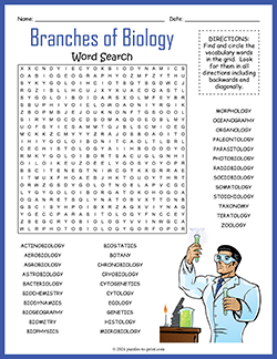 Free printable Branches of Biology Word Search puzzle worksheet