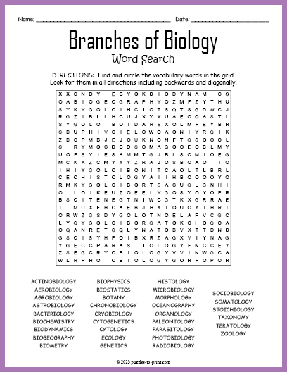 Branches of Biology Word Search
