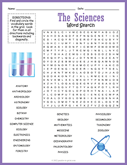 Free printable Science Word Search puzzle worksheet