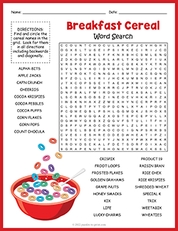 Free printable Breakfast Cereal Word Search puzzle worksheet