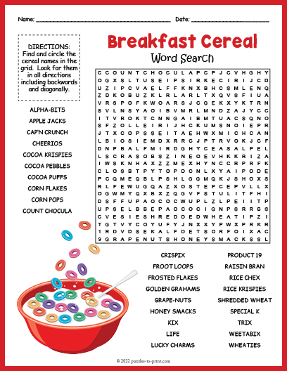 Breakfast Cereal Word Search