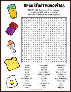 Free printable Breakfast Word Search puzzle worksheet