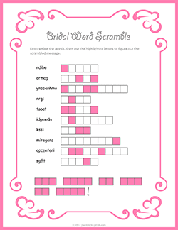 Free printable Bridal Shower Word Scramble puzzle worksheet