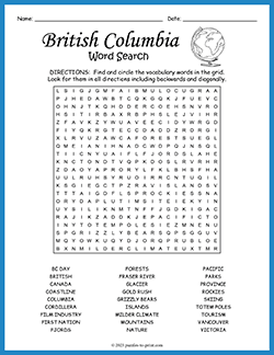 Free printable British Columbia Word Search puzzle worksheet