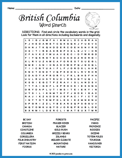 British Columbia Word Search