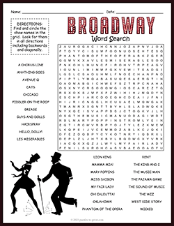 Free printable Broadway Musicals Word Search puzzle worksheet