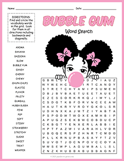 Free printable Bubble Gum Word Search puzzle worksheet