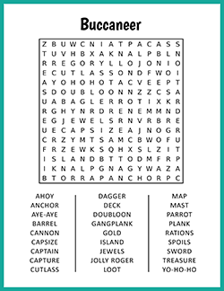 Free printable Buccaneer Word Search puzzle worksheet