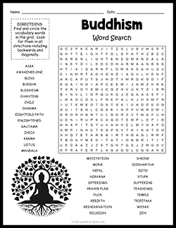 Free printable Buddhism Word Search puzzle worksheet