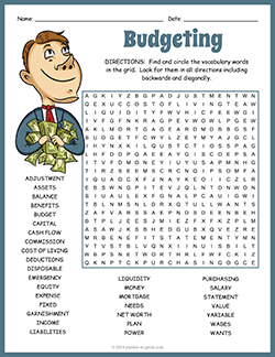 Free printable Budgeting Word Search puzzle worksheet