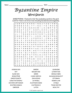 Free printable Byzantine Empire Word Search puzzle worksheet