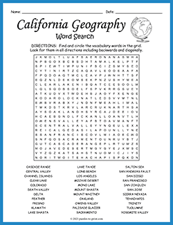 Free printable California Geography Word Search puzzle worksheet