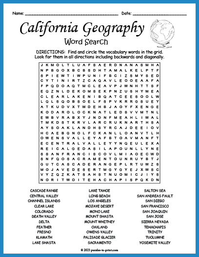 California Geography Word Search