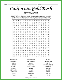 Free printable California Gold Rush Word Search puzzle worksheet
