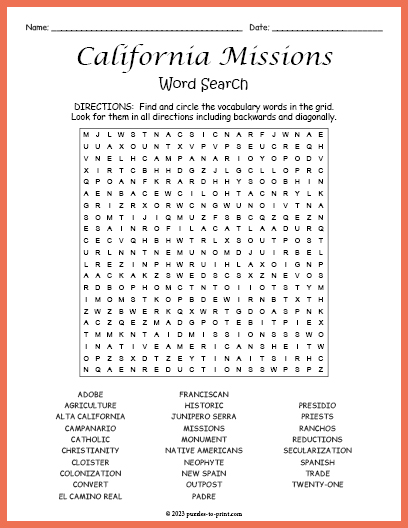 California Missions Word Search
