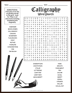 Free printable Calligraphy Word Search puzzle worksheet