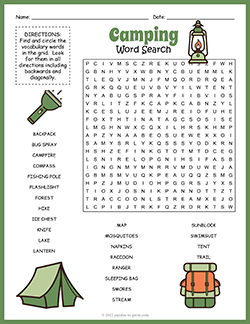 Free printable Camping Word Search puzzle worksheet