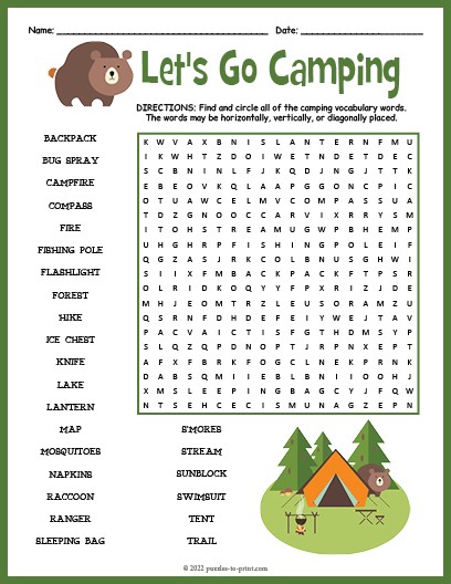 Camping Themed Word Search on Made Pay Teachers