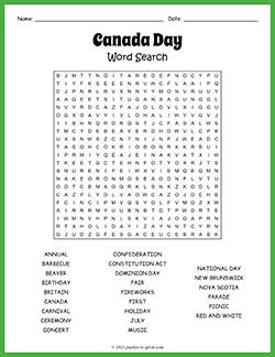 Free printable Canada Day Word Search puzzle worksheet