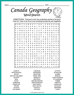 Free printable Canada Geography Word Search puzzle worksheet