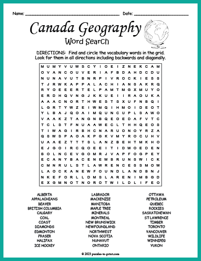 Canada Geography Word Search