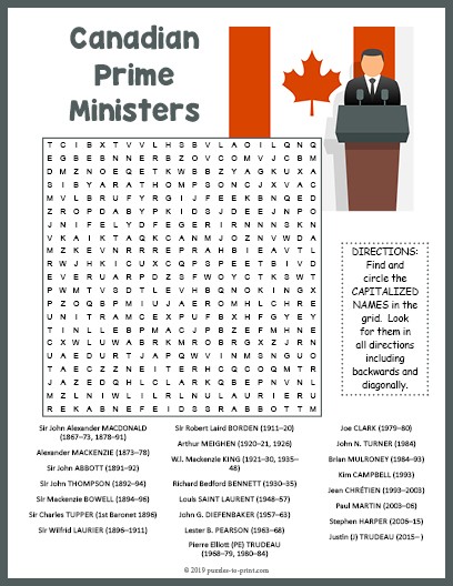 Canadian Prime Ministers Word Search